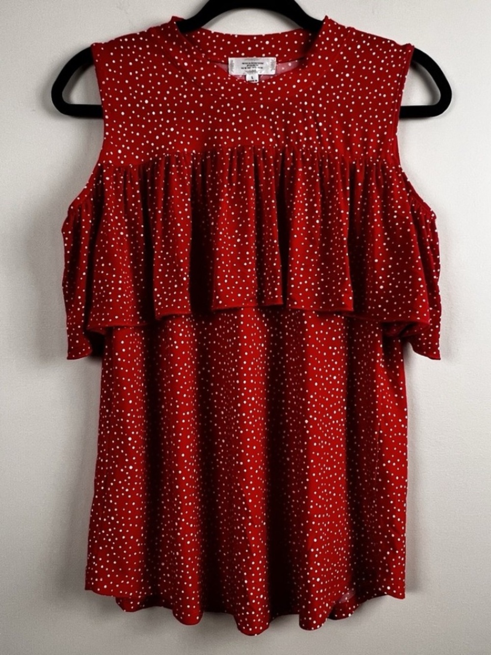 Shannon Ford New York Womens Red White Polka Dots Ruffle Cold Shoulder Top Large